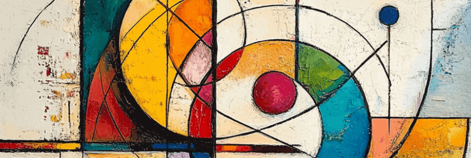 an abstract painting with bright colours, geometric shapes and bold lines