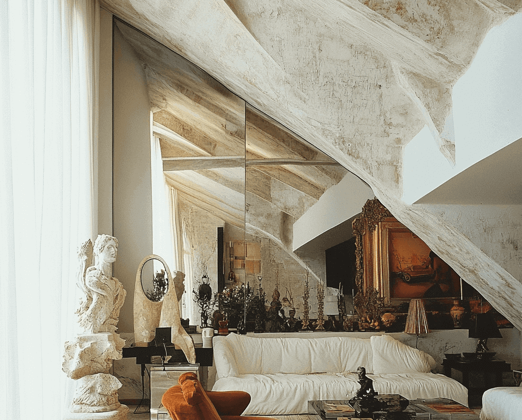 A sophisticated living room with a rustic, sloping ceiling, mirrored walls and an eclectic mix of sculptures, antique furniture and a white sofa.
