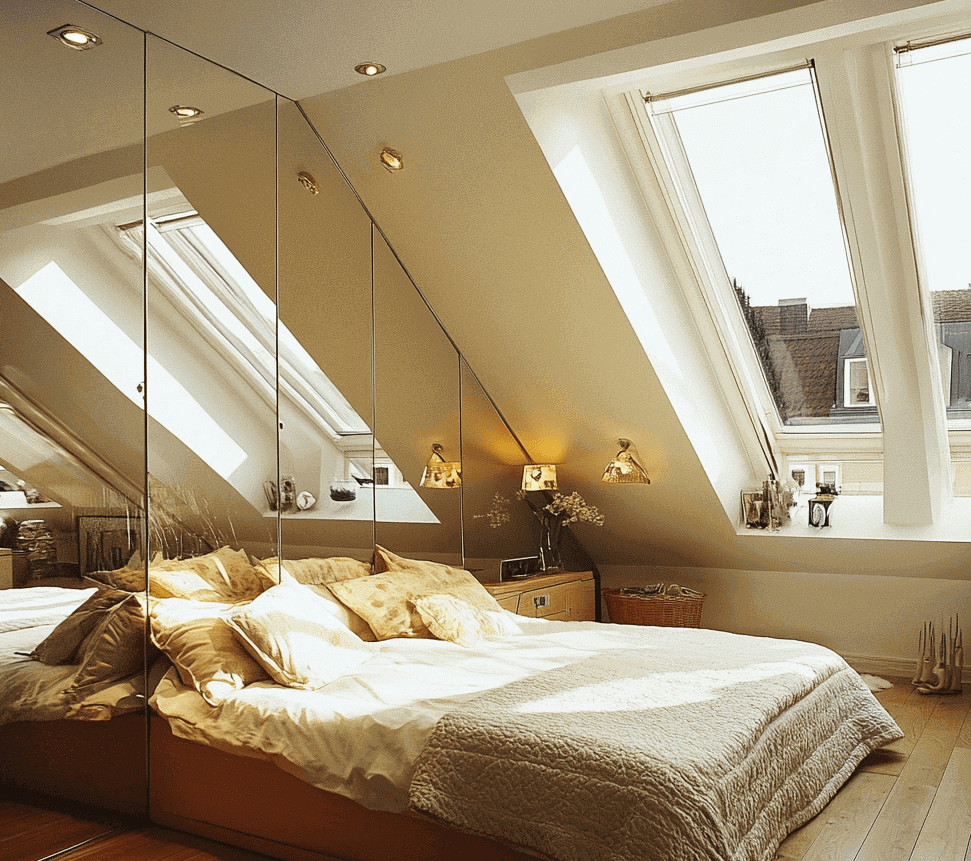 An attic bedroom with sloping ceilings, large skylights, mirrored walls, and a cozy bed with warm, neutral decor.