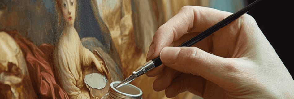 Close-up of a restorer carefully restoring a classical painting with a fine brush and restoration materials