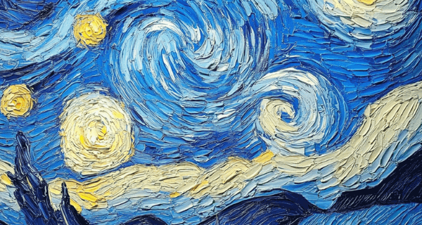 A vivid depiction of Van Gogh's ‘Starry Night’ with a swirling sky, shining stars and a peaceful village below