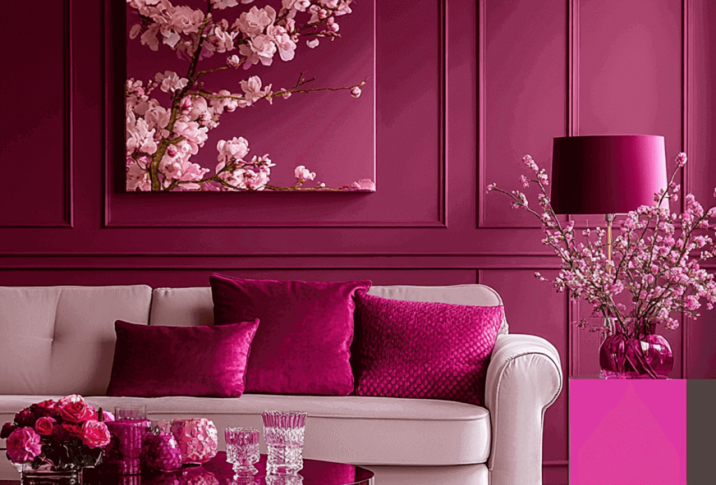 A chic magenta living room with a white sofa, magenta cushions, floral accents and cherry blossom wall art