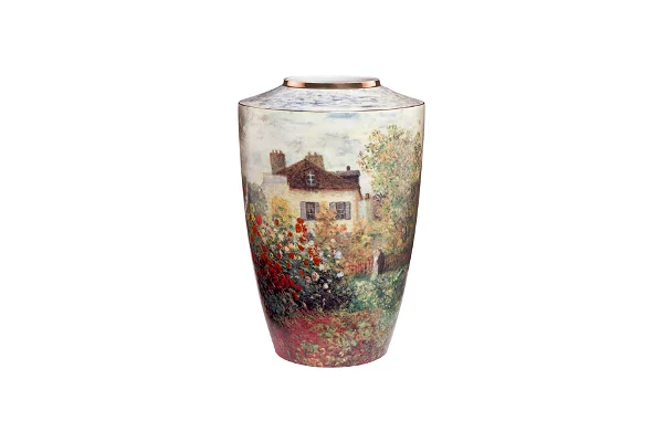 a claude monet porcelain vase inspired with daisy flowers and a house