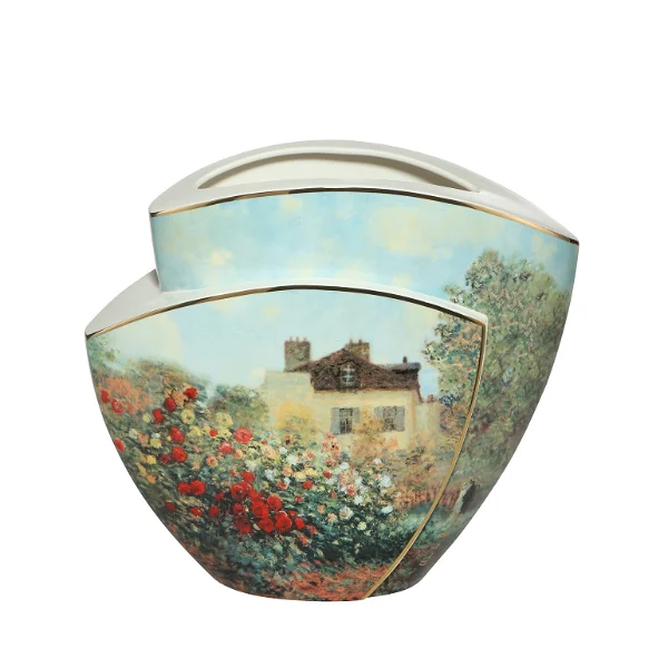 a porcelain vase with a garden design of daisy flowers and a house