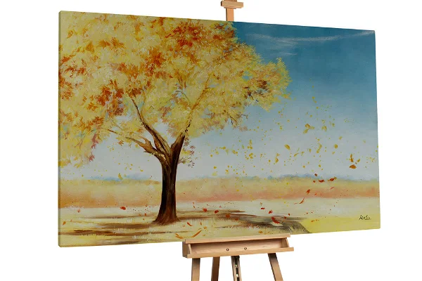 Autumn Tree Oil Painting with Falling Yellow Leaves