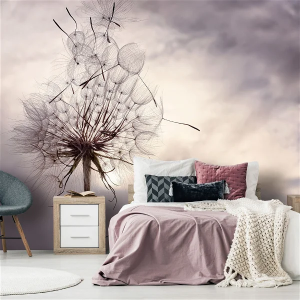 A bedroom with peach color wallpaper in a web design image