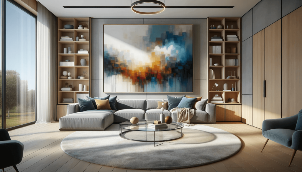acogedora sala de estar con pintura abstracta moderna grande XXL