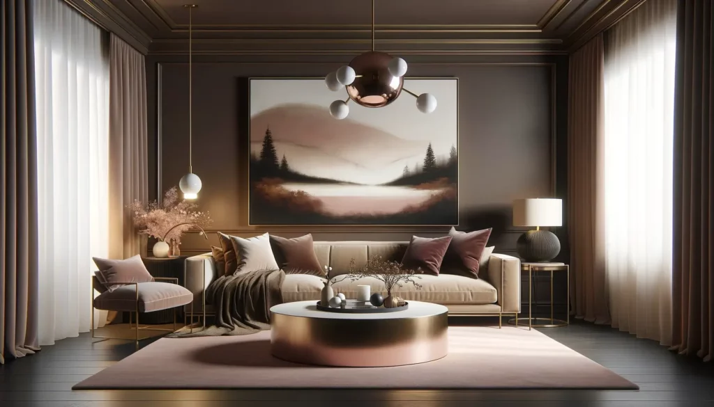 Paisaje de salón con una romántica paleta de colores marrón chocolate oscuro y oro rosa