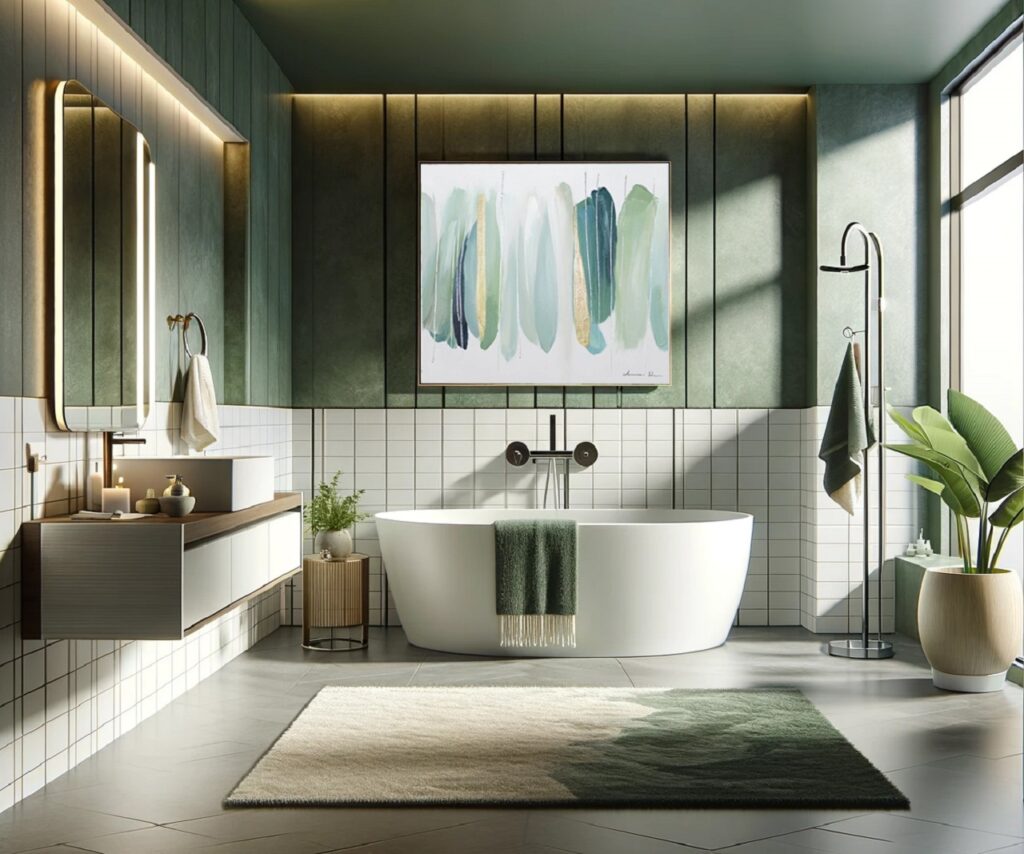 paleta de colores verde y blanco en el baño