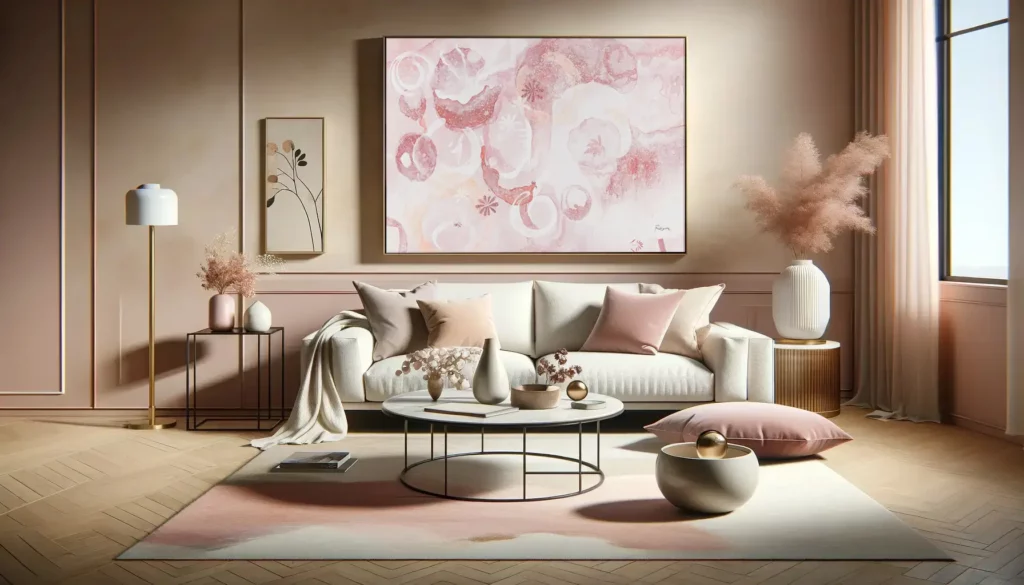 paisaje de salon con paleta de colores romanticos rosa y marfil