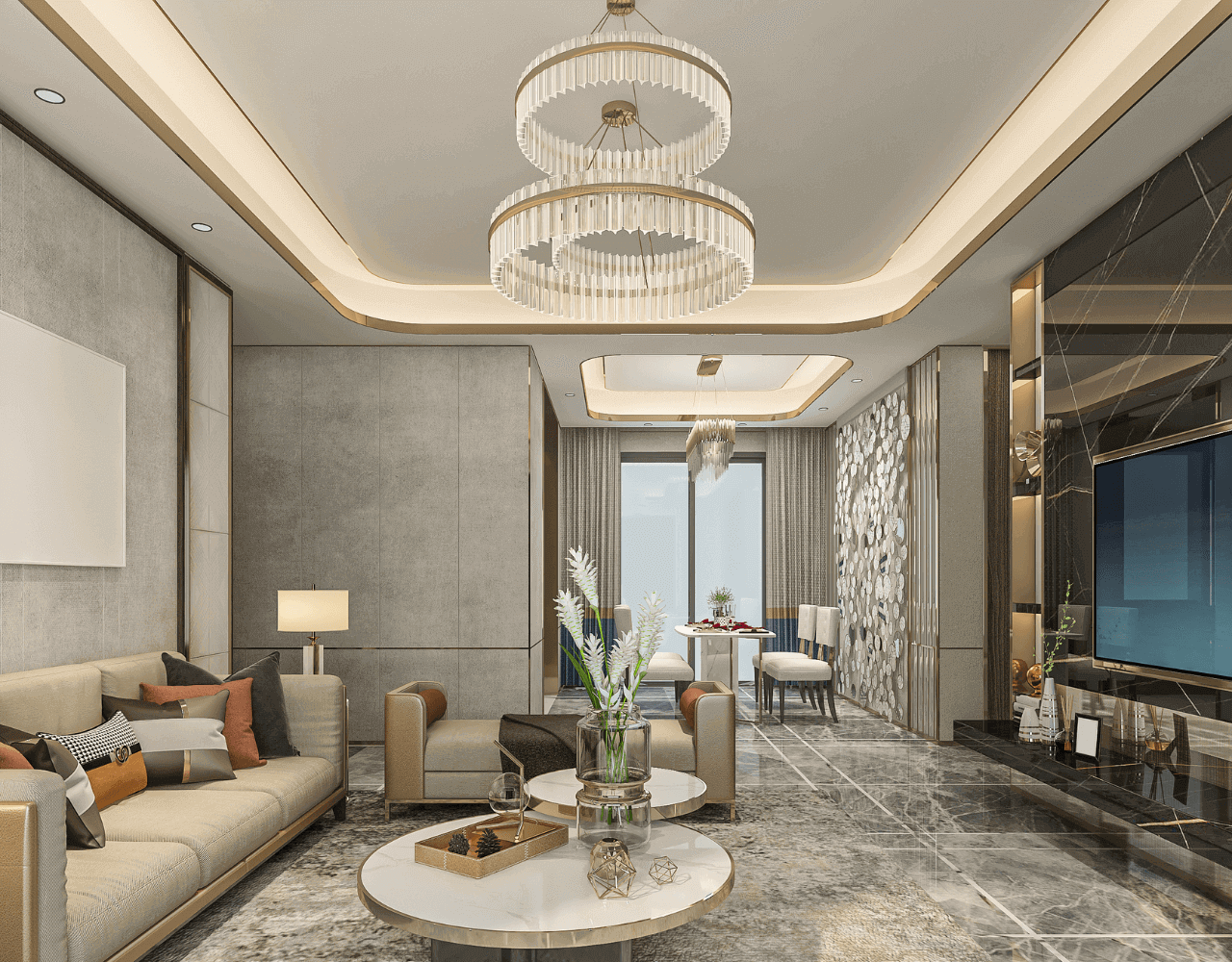 Image of a living room with a chandelier, leather cushion covers and a decorative wall background.