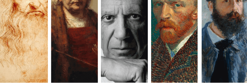 Educational collage featuring Leonardo da Vinci, Rembrandt, Picasso, Van Gogh, and Monet, titled 'Die 5 berühmtesten Maler der Welt' to highlight the masters of art.