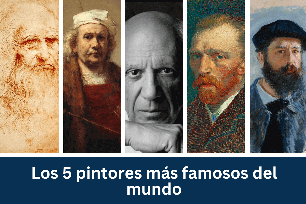 Educational collage featuring Leonardo da Vinci, Rembrandt, Picasso, Van Gogh, and Monet, titled 'Die 5 berühmtesten Maler der Welt' to highlight the masters of art.