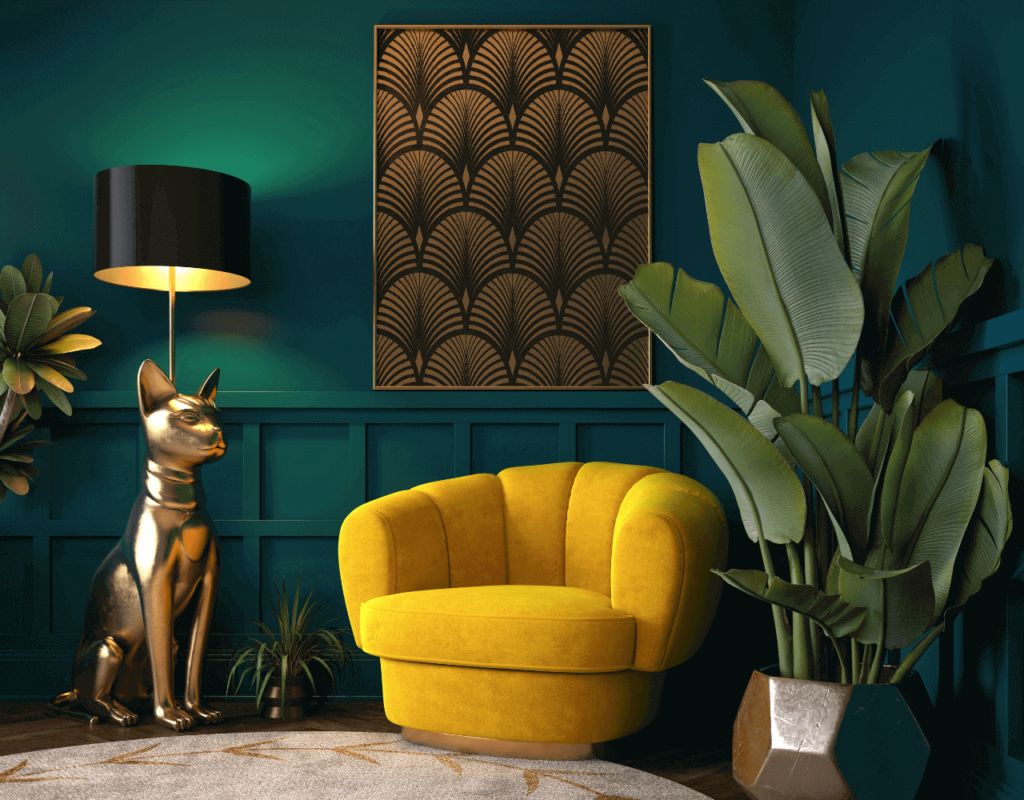 Statement chair in yellow colour together with a dog gold figure picture