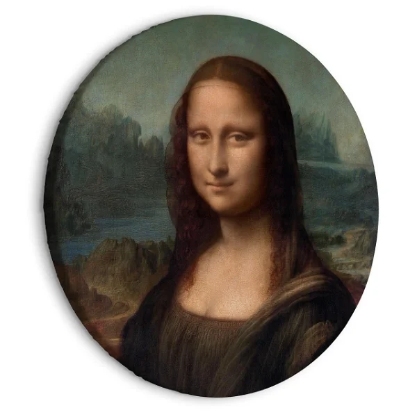 Detailed round canvas print of Leonardo da Vinci’s Mona Lisa, showcasing her serene and mysterious smile, ideal for modern home decor.