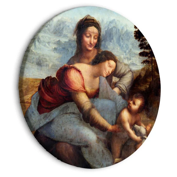Leonardo da Vinci's The Virgin and Child with St. Anne, beautifully rendered on a round canvas, depicting Saint Anne with Mary and the infant Jesus in a serene landscape.