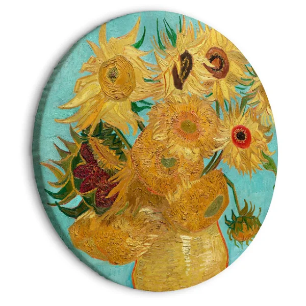 Vincent van Gogh’s Sunflowers on a round canvas, featuring a bouquet of blooming yellow sunflowers with thick, textured brushstrokes and a vivid green background.