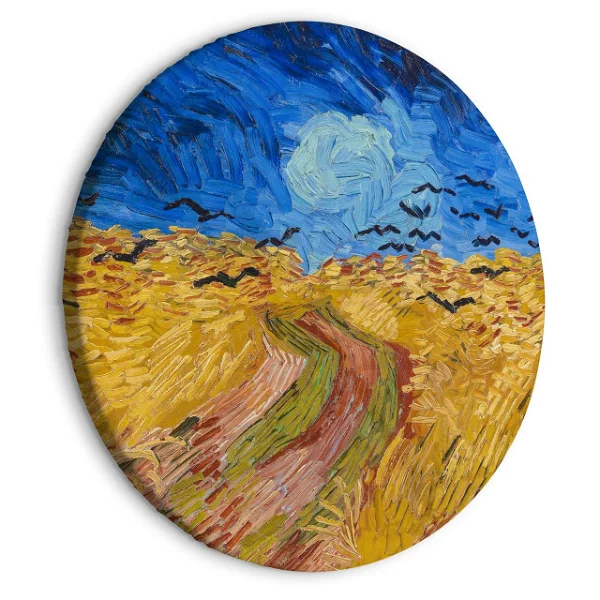 Vincent van Gogh's Wheatfield with Crows, portrayed on a round canvas, depicting a dramatic golden wheatfield under a turbulent sky, with black crows flying overhead.