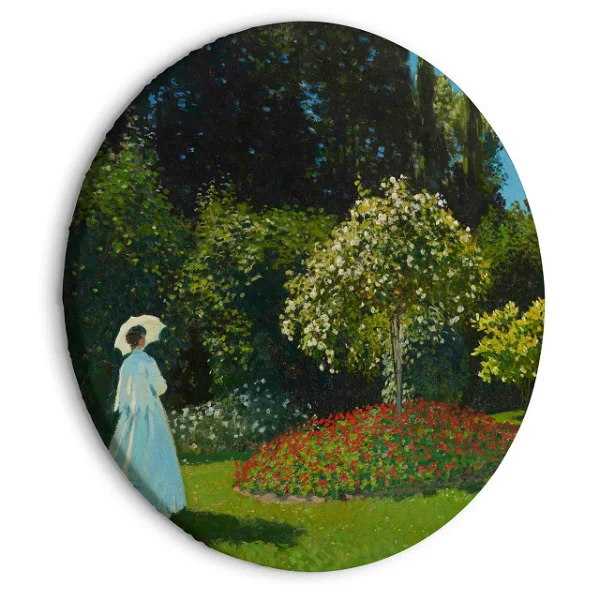 Elegant woman in a blue dress admiring a vibrant flower garden, depicted in a round canvas reminiscent of Claude Monet's impressionist style.