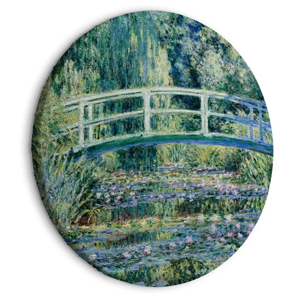 Claude Monet's famous Japanese bridge over a lily pond, captured in lush greens and blues on a round canvas, reflecting impressionistic beauty and tranquility.