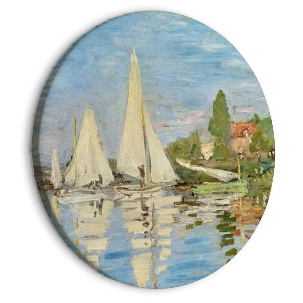 Colorful depiction of sailing boats on calm waters in Monet's Regatta at Argenteuil, presented on a round canvas, enhancing the vibrancy of the regal sailing scene.