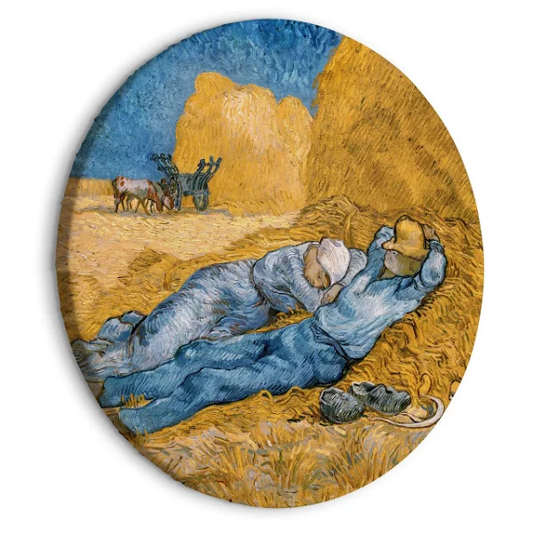 Vincent van Gogh's Noon Rest from work, illustrated on a round canvas, showing two peasants resting in a golden wheat field under a deep blue sky.