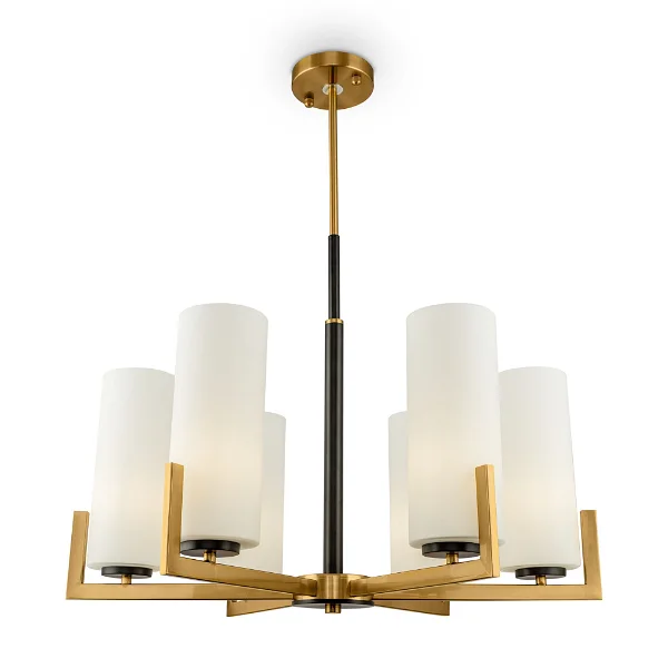 Modern cylindrical chandelier with white shades and gold details, ideal for contemporary interiors.