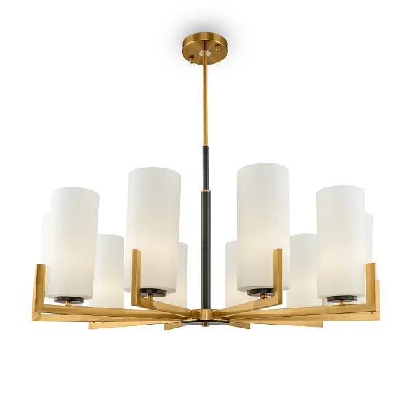 Sleek, modern chandelier featuring cylindrical white shades and golden accents for a stylish, minimalistic lighting solution.
