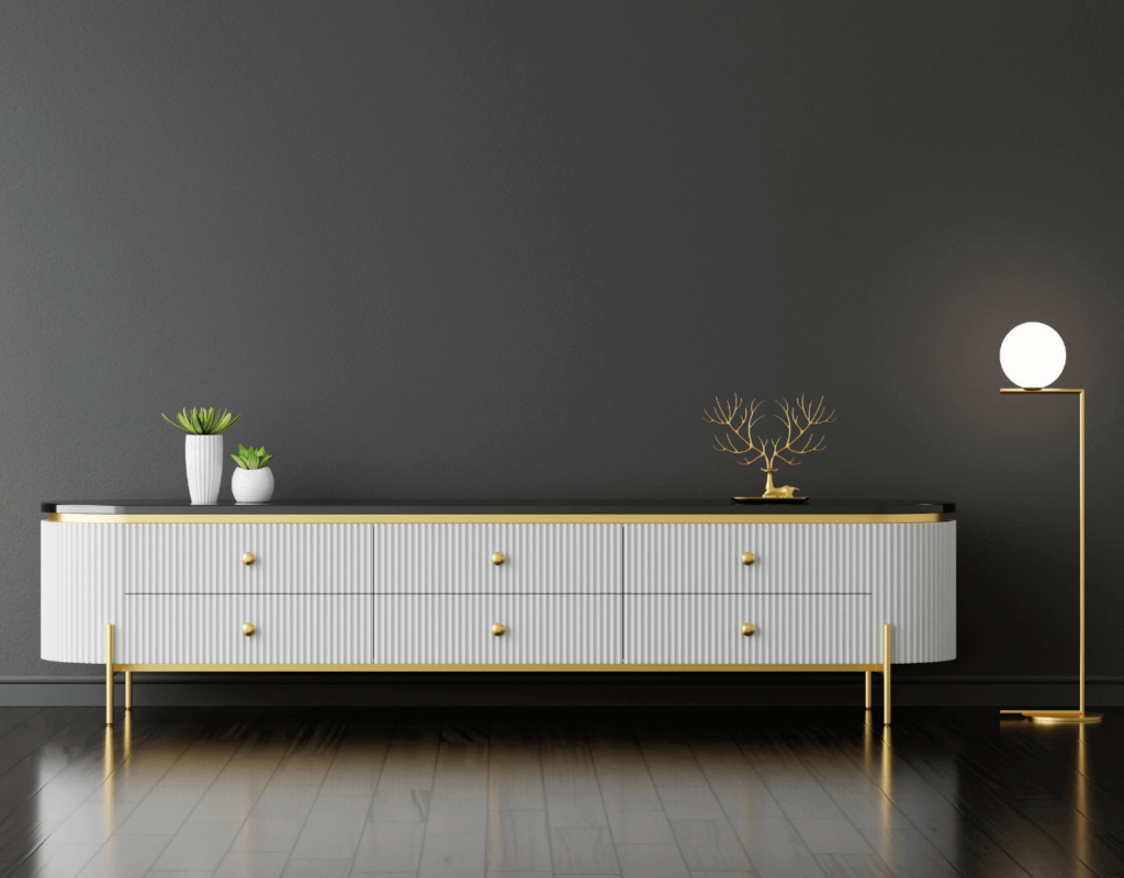 A cabinet placed in the corner in color white and gold accent, Floor lamps is place on the right side