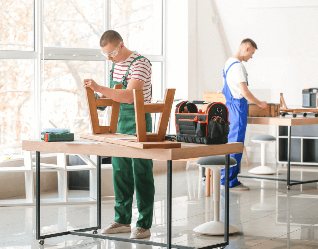 Two guys working on a customized chair in a well-lit working space