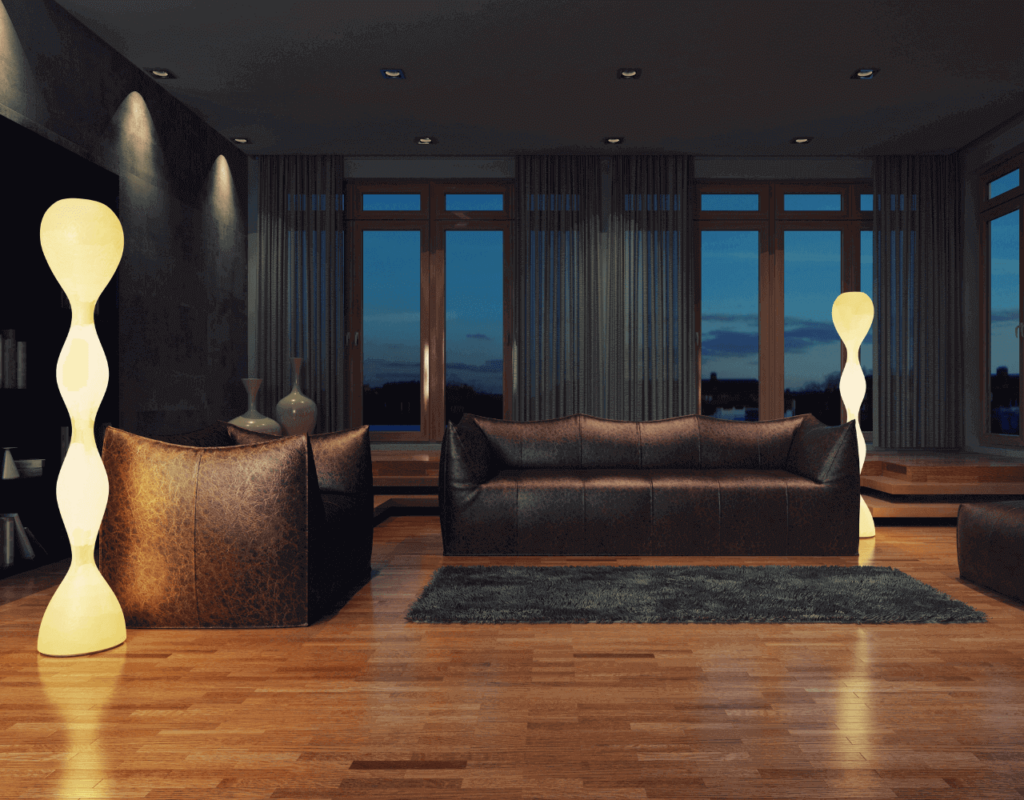 Black leather sofa with floor lamp