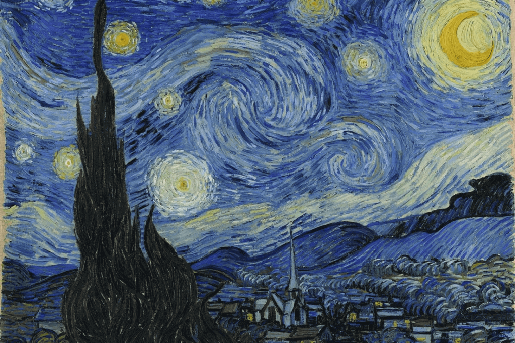 Iconic swirling sky and bright stars over a small village in Vincent van Gogh's Starry Night, capturing the dynamic movement and emotional depth of the scene.