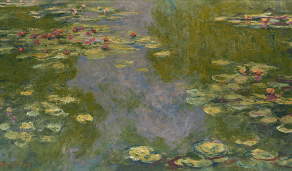 Claude Monet's Water Lilies, showcasing the serene beauty of water lilies floating on a reflective pond with vibrant colors and impressionistic brush strokes.