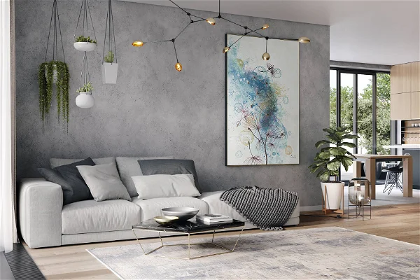 A large wall painting with a motif of abstract in color light blue display in the living room with gray wall background
