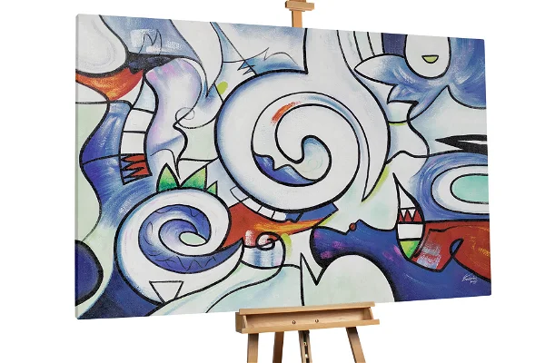 Large abstract oil painting with bold swirling colors and abstract forms, titled 'Like Pablo', inspired by Pablo Picasso's dynamic and colorful art style.