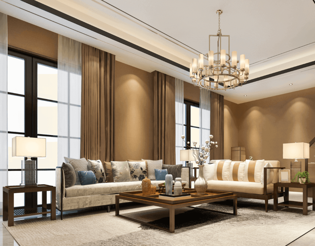 a chandelier in the living room with a brown wall background in a modern design