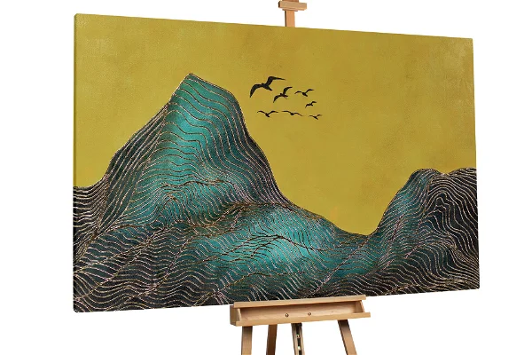 Textured painting of stylized mountains in teal on a golden background.