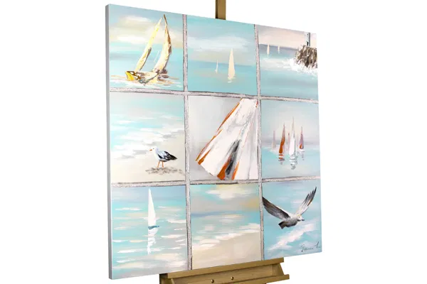 A portrait painting in acrylic paint with a design of a sailboat.