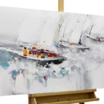 A landscape acrylic painting with a sailboat in minimalist design.