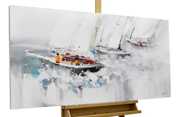 A landscape acrylic painting with a sailboat in minimalist design.