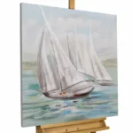 An painting made of acrylic paint with an image of a sailboat in a sea.