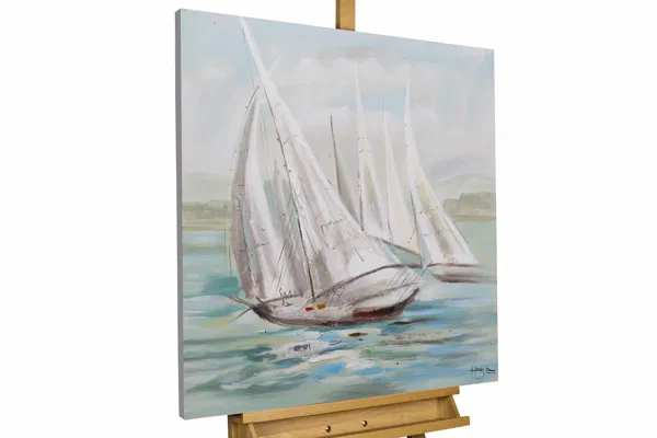 An painting made of acrylic paint with an image of a sailboat in a sea.
