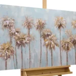A painting with an image of coconut trees in brown color.