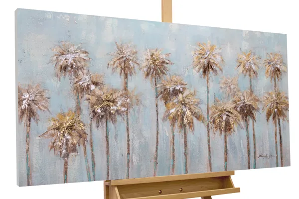 A painting with an image of coconut trees in brown color.