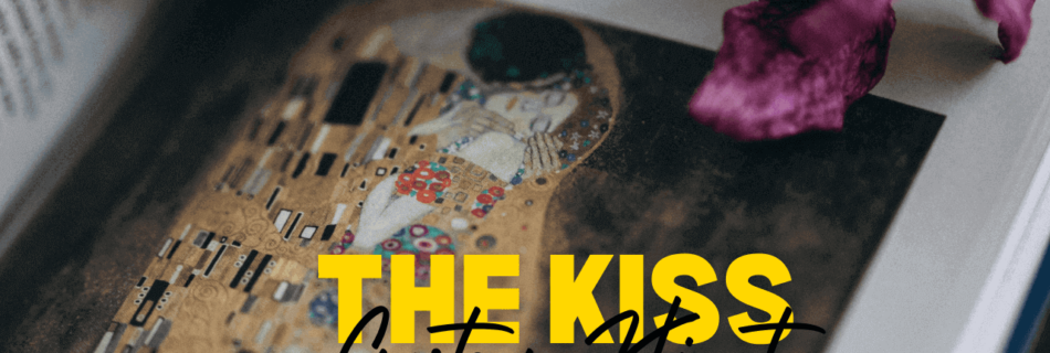 'The Kiss' featured in an open art book, highlighting gold patterns and floral motifs, with a purple flower placed on the page and the text overlay 'GUSTAV KLIMT The Kiss.'"