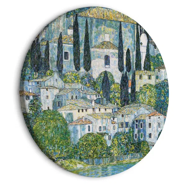 Round wall art of Klimt's landscape, featuring cypress trees and hillside houses.