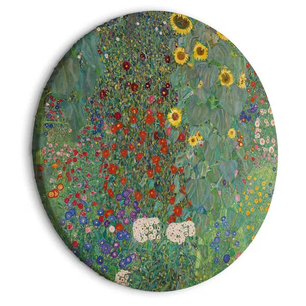 Round wall art featuring Klimt-inspired floral patterns with sunflowers, displayed in a dining room with a table set with fruit and wine glasses.