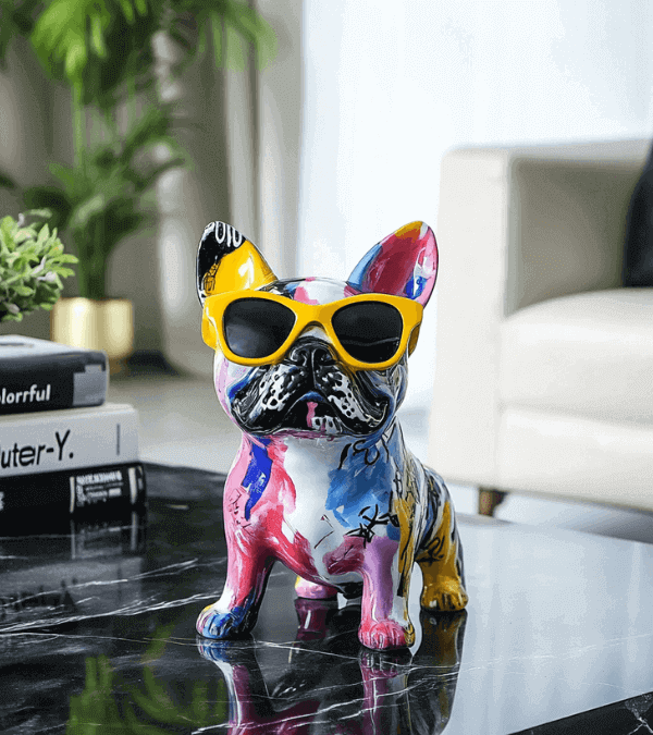 Graffiti sculpture of a French bulldog with yellow sunglasses on a black marble table