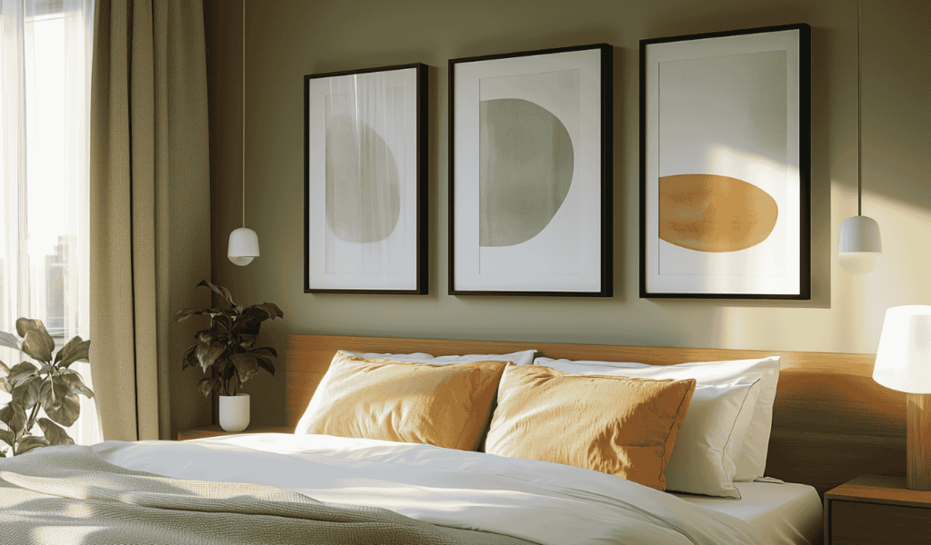 A cosy bedroom with a wooden bed, mustard yellow cushions, abstract art, hanging lamps and a potted plant. Natural light streams through beige-coloured curtains