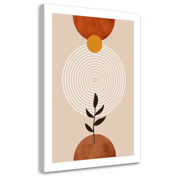 Geometric abstract art with concentric circles and a botanical element, showcasing a warm color palette and clean lines.